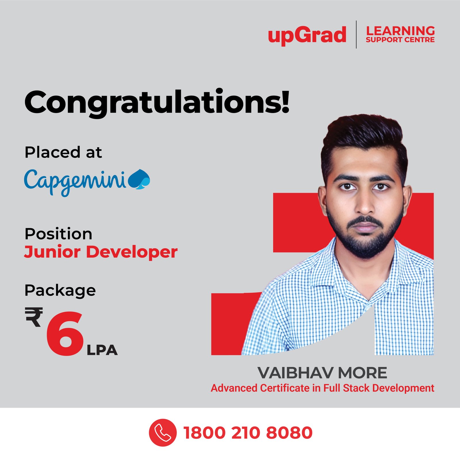 Vaibhav More placed at Capgemini as a Junior Developer with a package of 6 LPA